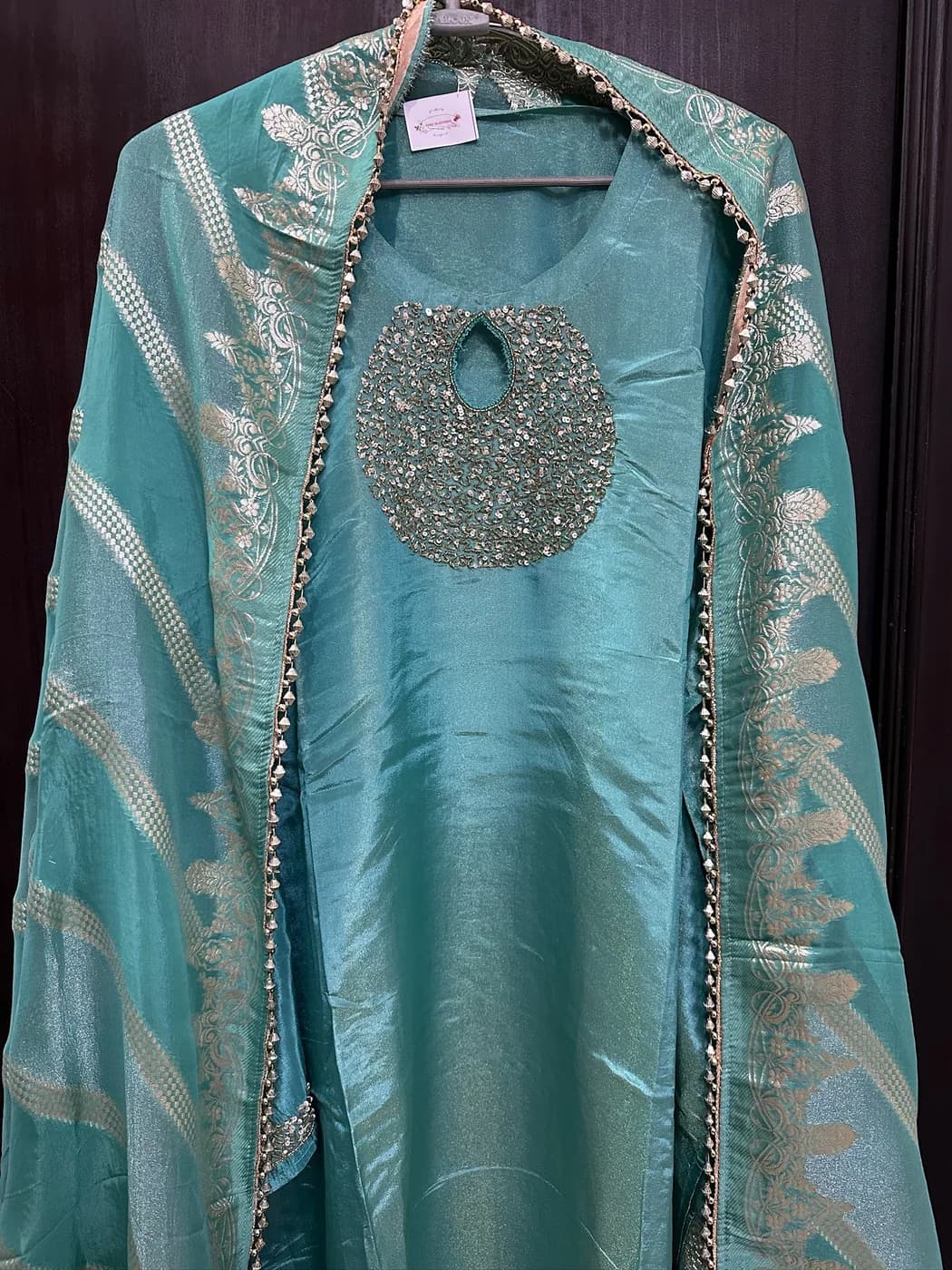 Turquoise Silk Embroidered Suit — view 5 of 5