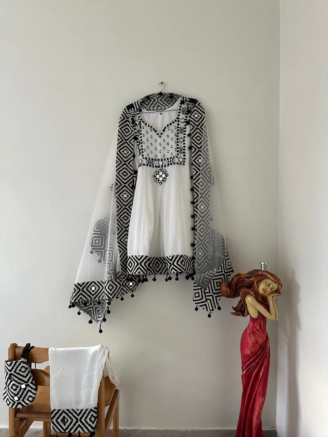 Ivory & Onyx Geometric Kurta Set — stitched ready-to-wear from Chic Clothing