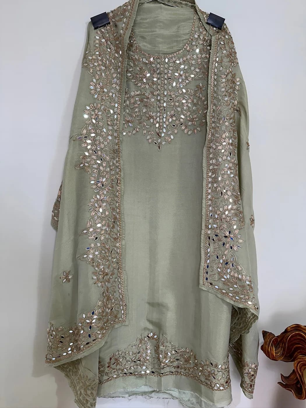 Pistachio Mirrorwork Suit — unstitched suit set from Chic Clothing